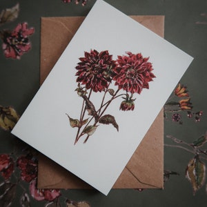 Dunkelrote Dahlie, Blumenkunstkarte, Geschenkanhänger, botanische Kunstkarte, Blumenillustrationsdruck, Blumenkarte, Blumenkarte, Dahliekarte, kleine Karte