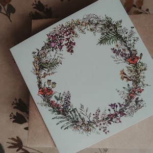 Biglietto d'auguri floreale, Biglietto d'auguri floreale, Biglietto d'auguri acquerello, Cartoleria floreale, Biglietto ghirlanda di fiori, Biglietto fiori, Biglietto floreale