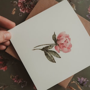 Roze pioen, bloemenwenskaart, botanische kunstkaart, bloemenkunstkaart, verjaardagskaart, geïllustreerde kaart, pioenroos, cadeau voor haar, roze bloem