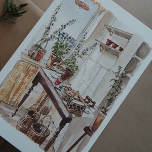 Cocina a la luz del día, Tarjeta de cumpleaños, tarjeta de felicitación, tarjeta de cumpleaños ilustrada, arte, arte de acuarela, tarjeta de arte, tarjeta de acuarelas, romántico