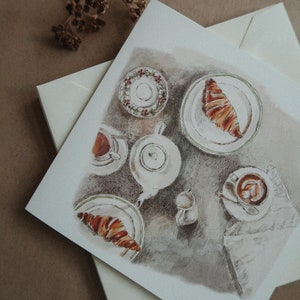 Salontafel, wenskaart, aquarellen kunstkaart, kunstkaart, verjaardagskaart, geïllustreerde kaart, Frans ontbijt, aquarelkaart