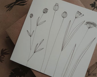 Floral Greeting card, botanical card, floral print, ink drawing, ink illustration, graphical Birthday card, Greeting card, size 5&quot;x 5&quot;