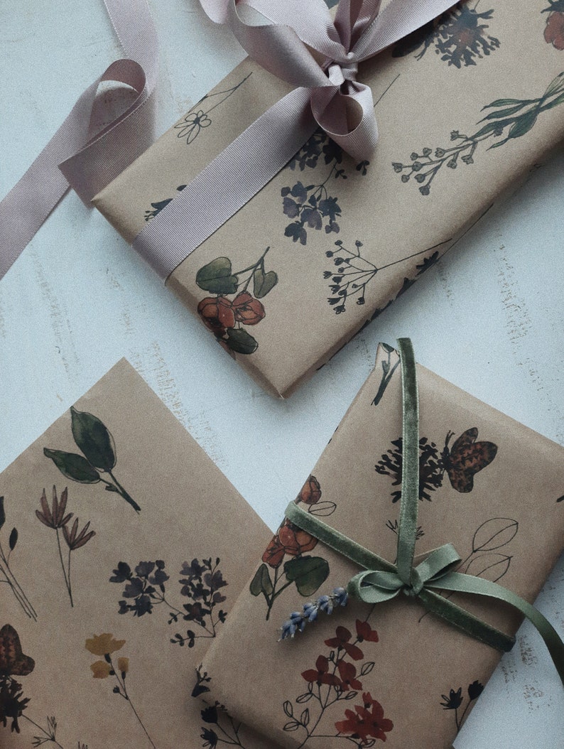 Wildblumen-Geschenkpapier, Geschenkpapier, Verpackung, Blumen-Geschenkkette, Geschenkpapier, Geschenkpapier, florales Geschenkpapier, recyceltes Geschenkpapier Bild 2