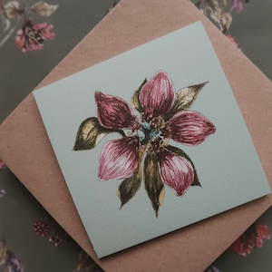 Cartão floral, cartão de aniversário romântico, impressão, aquarela, ilustração a tinta, cartão de aniversário original, pintura em aquarela, tamanho 4"x4"