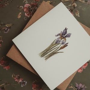 Blauwe iris bloem, bloemen wenskaart, botanische kunst kaart, bloemen kunst kaart, verjaardagskaart, geïllustreerde kaart, blauwe iris, cadeau voor haar