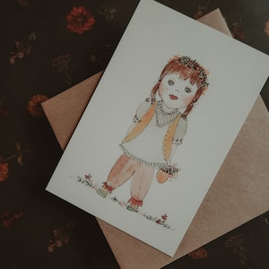 Biglietto d'auguri, cartolina, biglietto di compleanno, stampa, illustrazione con inchiostro ad acquerello, cartolina per bambola, pittura ad acquerello, biglietto per bambini, dimensioni 4"x6"