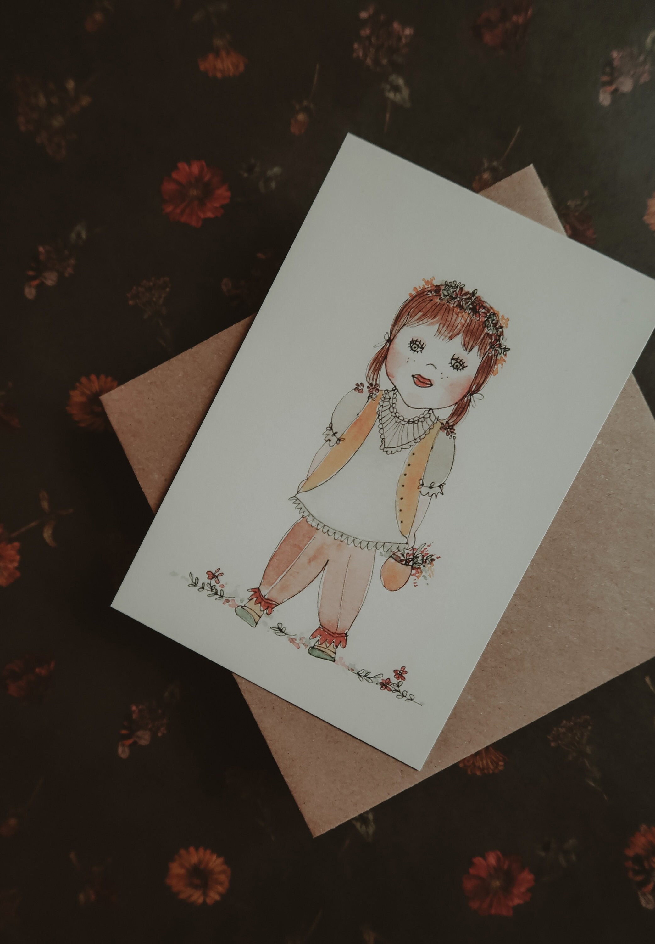 Grußkarte, Postkarte, Geburtstagskarte, Druck, Aquarell Tuschezeichnung, Puppenpostkarte, Aquarellmalerei, Kinderkarte, Größe 10x15 cm