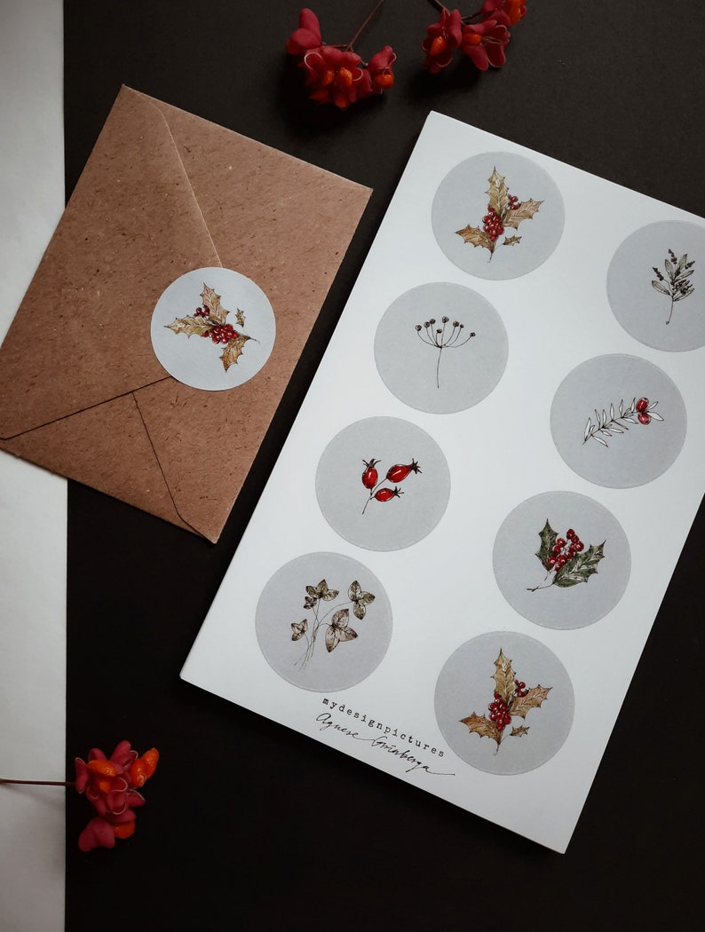 Christmas stickers, sticker set, Envelope stickers, winter florals stickers, set of eight stickers, 8 stickers,8 christmas stickers image 6