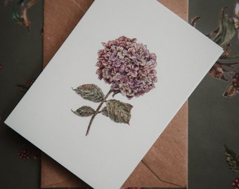 Paarse hortensia, bloemkunstkaart, cadeaulabel, botanische kunstkaart, bloemenillustratieprint, bloemenkaart, bloemenkaart, hortensia, kleine kaart