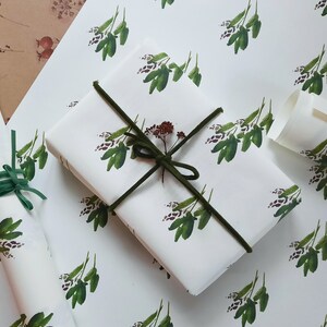 May include: White wrapping paper with a repeating pattern of green leafy sprigs. Two rolls of the paper are shown, one is wrapped around a gift box with a green ribbon.