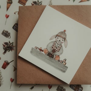 Biglietto coniglietto, biglietto quadrato, biglietto piccolo, illustrazione ad acquerello, biglietto per bambini, biglietto di compleanno, biglietto d'auguri, per bambini, dimensione 4"x4"