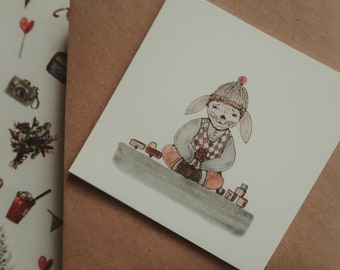 Bunny boy card, square card, small card, watercolor illustration, kids card, birthday card, greetings card, for kids, size 4"x4"