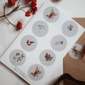 Christmas stickers, sticker set, Envelope stickers, winter florals stickers, set of eight stickers, 8 stickers,8 christmas stickers image 2