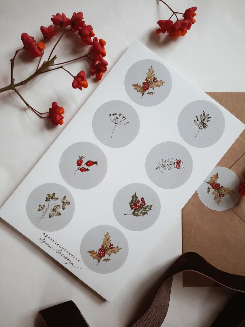 Christmas stickers, sticker set, Envelope stickers, winter florals stickers, set of eight stickers, 8 stickers,8 christmas stickers image 2