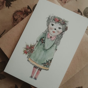 Carte de voeux, carte postale, carte d'anniversaire, impression, illustration à l'encre d'aquarelle, carte de chaton, peinture à l'aquarelle, carte d'enfant, dimension 4 x 6 po