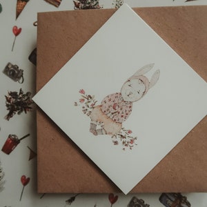 Bunny meisje kaart, vierkante kaart, kleine kaart, aquarel illustratie, kinderkaart, verjaardagskaart, wenskaart, voor kinderen, voor agirl, maat 4"x4"