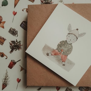 Kleiner Hasen Junge, Karte, quadratische Karte, kleine Karte, Aquarell Illustration, Kinder Karte, Geburtstagskarte, Grußkarte, für Kinder, Größe 10x10cm