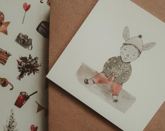 Kleine Bunny jongen kaart, vierkante kaart, kleine kaart, aquarel illustratie, kinderkaart, verjaardagskaart, wenskaart, voor kinderen, maat 4"x4"