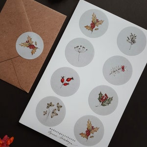 Christmas stickers, sticker set, Envelope stickers, winter florals stickers, set of eight stickers, 8 stickers,8 christmas stickers image 1