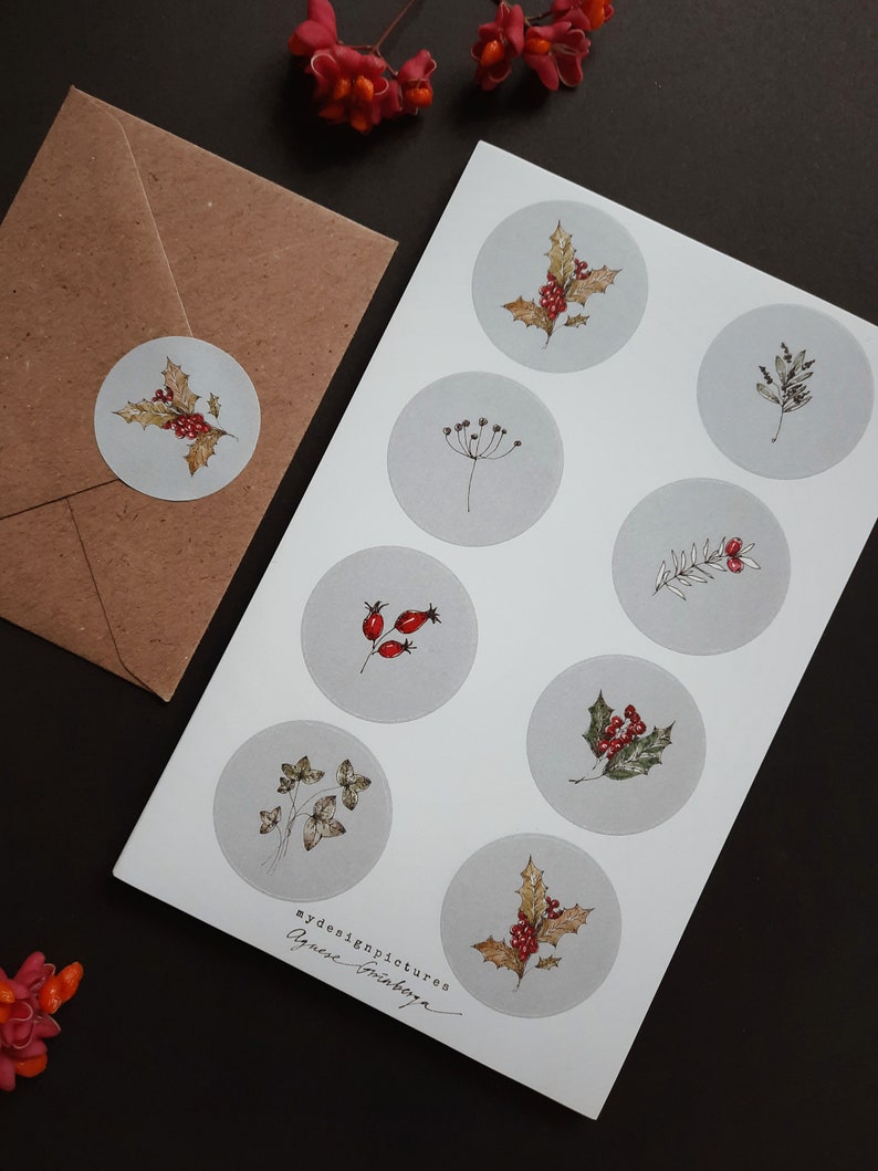 Christmas stickers, sticker set, Envelope stickers, winter florals stickers, set of eight stickers, 8 stickers,8 christmas stickers image 1
