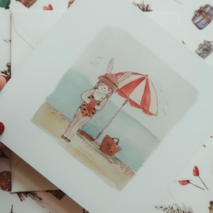 Coelhinha na praia, cartão de felicitações, cartão de arte de aniversário, cartão de arte em aquarela, cartão de aniversário, cartão ilustrado, arte de coelho
