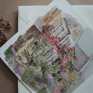 Jardin fleuri, carte de voeux, carte d'art aquarelle, carte d'art, carte d'anniversaire, carte illustrée, maison, carte aquarelle, jardin fleuri