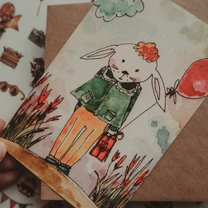 Carte de voeux-carte postale, carte d'anniversaire, impression, illustration à l'encre, carte d'anniversaire originale, peinture à l'aquarelle, taille de carte de lapin 4 "x 6"