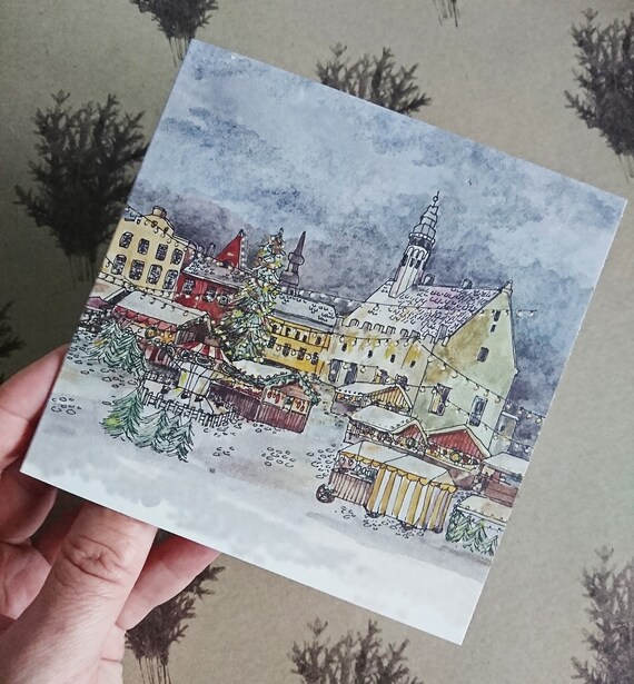 Watercolor Christmas Market Card, Illustrated Holiday Stationery (5x5")