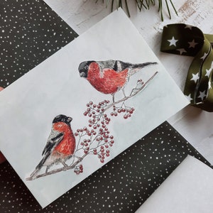 Cartão de Natal, Cartão de Natal em aquarela, Cartão de Natal ilustrado, Cartão de férias ilustrado, Papelaria em aquarela, Cartão de Natal de pássaros