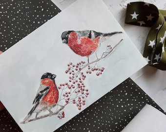 Christmas Card, Watercolor Christmas Card, Illustrated Christmas Card, Illustrated Holiday Card, Watercolor Stationery, Bird Christmas card