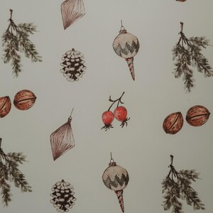 May include: A seamless pattern featuring a variety of winter holiday elements, including pine branches, walnuts, pine cones, red berries, and vintage-style ornaments. The design is rendered in a watercolor style with brown, red, and green hues.