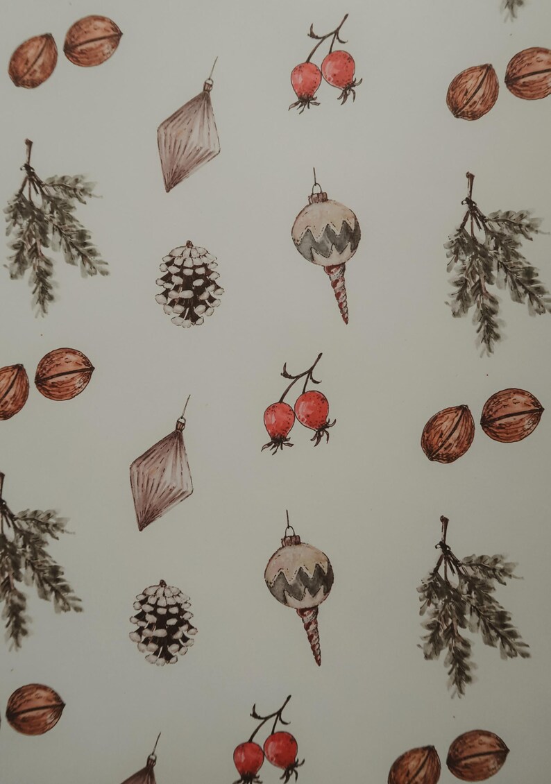 May include: A seamless pattern featuring a variety of winter holiday elements, including pine branches, walnuts, pine cones, red berries, and vintage-style ornaments. The design is rendered in a watercolor style with brown, red, and green hues.