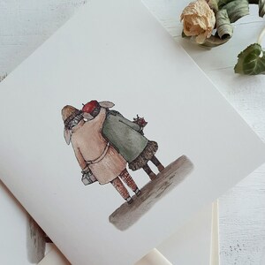 May include: A watercolor illustration of two figures walking side-by-side. The figure on the left is wearing a brown coat, a brown hat, and a red scarf. The figure on the right is wearing a green coat, a red beret, and a brown skirt. They are both holding hands and walking away from the viewer.