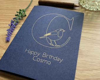 Personalised Robin Initial Gold Foil Card, Bird Birthday Card For Best Friend, Husband Birthday Card For Him, 30th Birthday Card For Her
