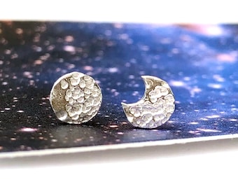 Sterling Silver Mismatched Moon Stud Earrings, Moon Phase Studs, Full Crescent Moon Jewellery, Quirky Unique Birthday, Friendship Jewellery