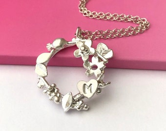 Sterling Silver Botanical Wreath and Initial Heart Necklace, Personalised Jewellery, Nature Inspired Necklace, Birthday Gift for Mum