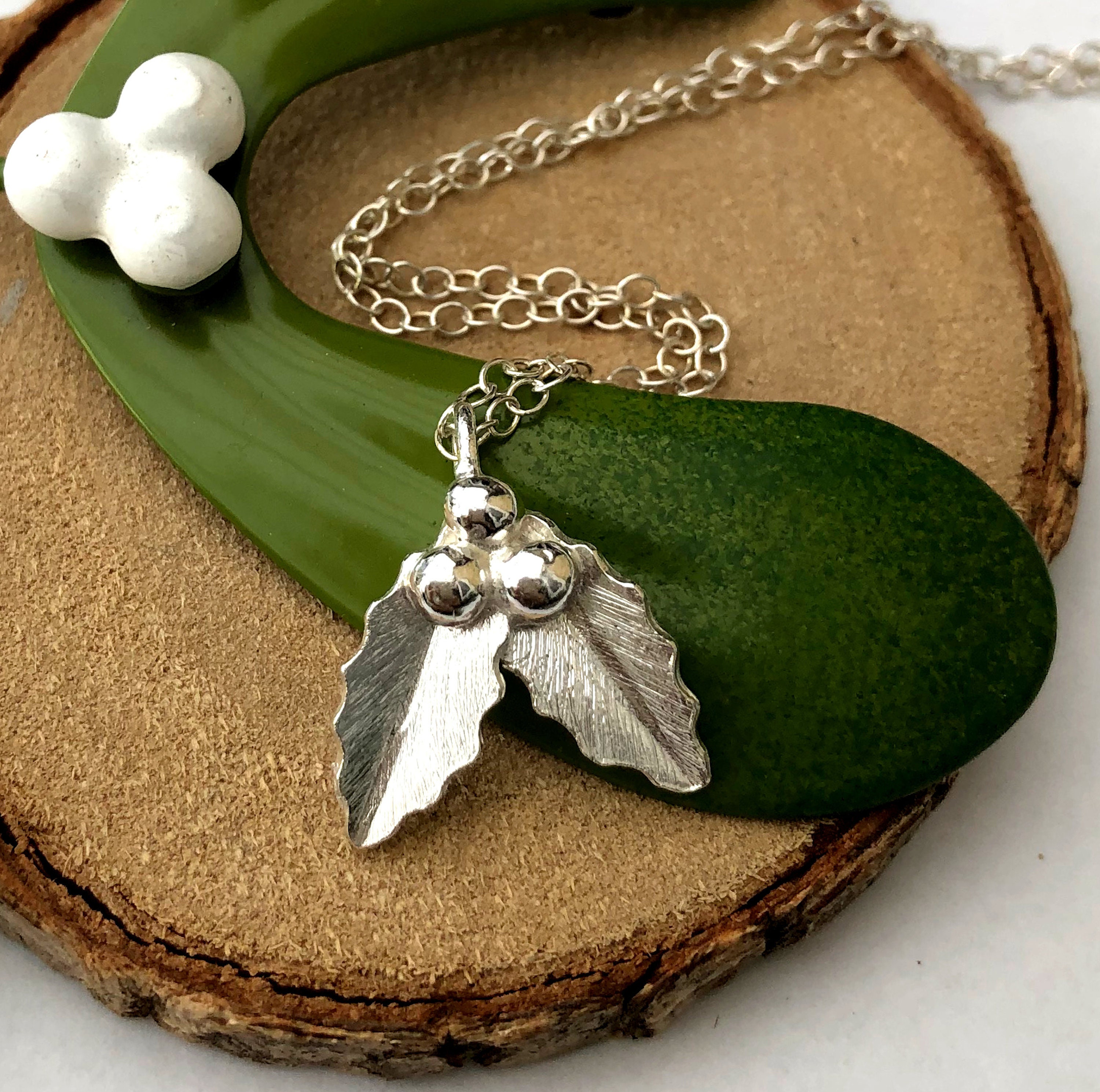 Sterling Silver Holly Leaf Necklace, Birthday Gift for