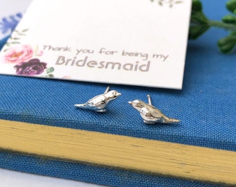 Sterling Silver Small Robin Earrings, Bird Jewellery, Thank You Bridesmaid Gift, Bridesmaid Proposal Gift, Gift For Her Best Friend, Wedding