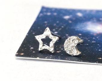 Sterling Silver Mismatched Half Moon And Hollow Star Earrings, Small Birthday Gift For Best Friend, Thank You Jewellery, Gift For Daughter