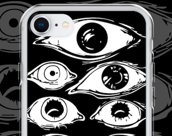 May include: A clear smartphone case featuring a black background with a repeating pattern of various white graphic eyes. The design includes multiple eye shapes, sizes, and iris details arranged in a vertical stack across the entire surface.