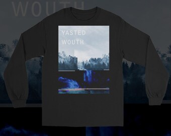 May include: Black long-sleeved shirt with a graphic print of a forest scene and the text "YASTED WOUTH".