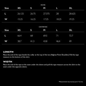 May include: Size chart for a shirt with measurements in inches and centimeters. The chart shows the length and width of the shirt in different sizes, from XS to XL.