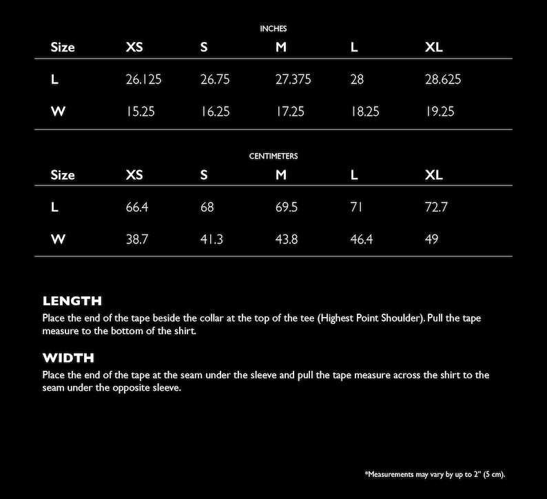 May include: Size chart for a shirt with measurements in inches and centimeters. The chart shows the length and width of the shirt in different sizes, from XS to XL.