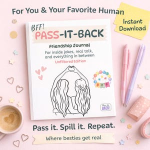 BFF Pass-It-Back friendship journal cover for adults featuring playful typography and illustration of two best friends forming a heart with their hands.