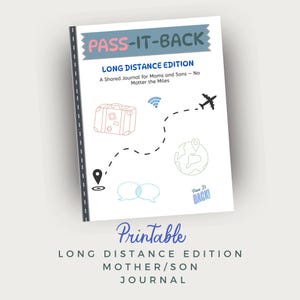 Könnte beinhalten: Ein druckbares Tagebuch mit dem Titel "Pass-It-Back: Long Distance Edition" für Mütter und Söhne. Das Cover zeigt einen Koffer, ein Flugzeug, einen Globus und Sprechblasen, die die Kommunikation über lange Distanzen symbolisieren.