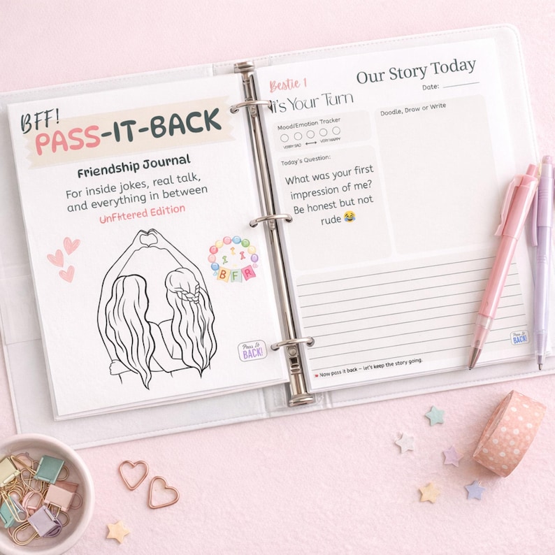 Printable friendship journal pages in a 3-ring binder, including best friend prompts and writing space for shared memories.