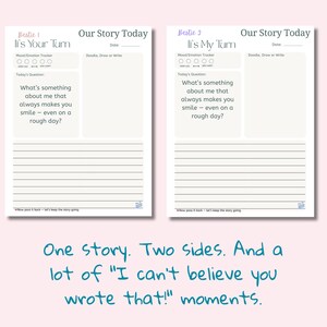 May include: Two-page journal with the text "Bestie 1 It's Your Turn" and "Bestie 2 It's My Turn". Each page has a mood tracker, space for doodles, and a question about what makes you smile. The text "Our Story Today" is at the top.