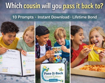 Cousin pass-it-back-dagboek – leuke schrijfinstructies, 7-14 jaar (afdrukbaar pdf-bestand (A4/Letter-formaat))