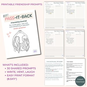 May include: A friendship journal with the text "BFF! PASS-IT-BACK" and "Friendship Journal" is displayed. The journal includes prompts for inside jokes and real talk. The image also shows pages with prompts and instructions. The journal measures 8.5x11 inches.