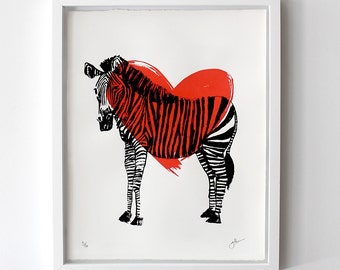 Zebra heart Print RED- limited edition screen print